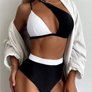 Black and White SHEIN Cutout High Waist Bikini - XL